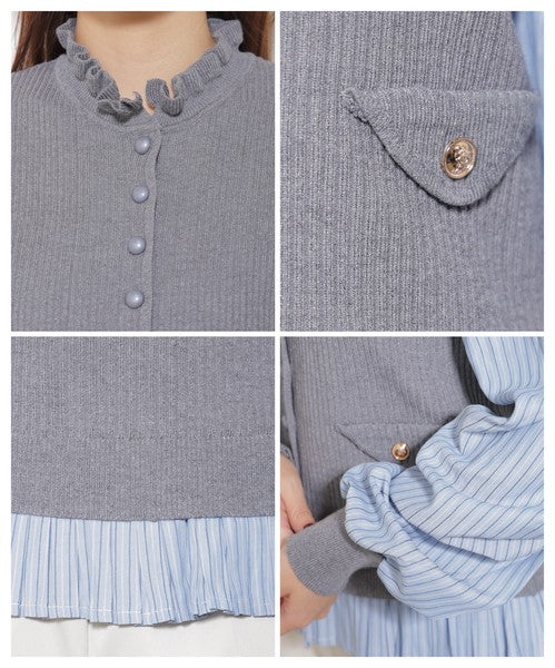 【Mサイズ】異素材切替・フリル襟ニットカーディガン｜ブラウスドッキング・長袖・きれいめ大人可愛い・14104979