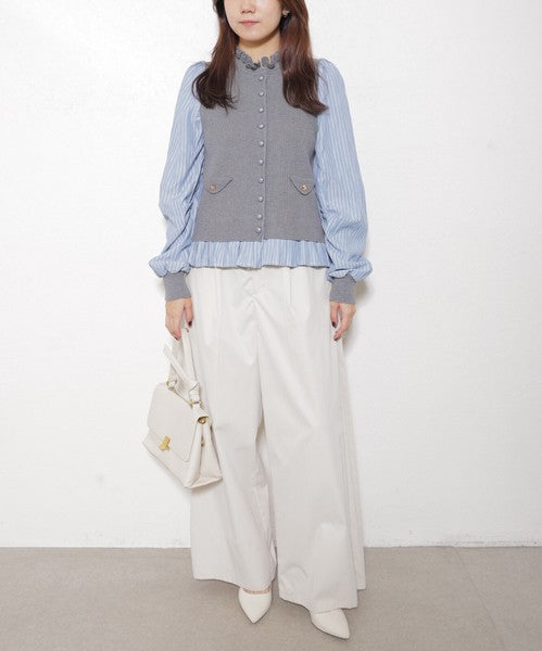 【Mサイズ】異素材切替・フリル襟ニットカーディガン｜ブラウスドッキング・長袖・きれいめ大人可愛い・14104979