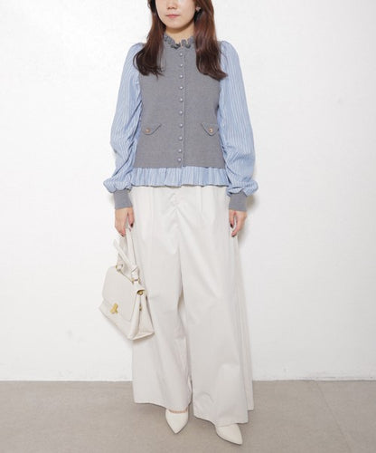 【Mサイズ】異素材切替・フリル襟ニットカーディガン｜ブラウスドッキング・長袖・きれいめ大人可愛い・14104979