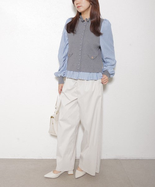 【Mサイズ】異素材切替・フリル襟ニットカーディガン｜ブラウスドッキング・長袖・きれいめ大人可愛い・14104979