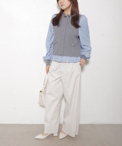 【Mサイズ】異素材切替・フリル襟ニットカーディガン｜ブラウスドッキング・長袖・きれいめ大人可愛い・14104979