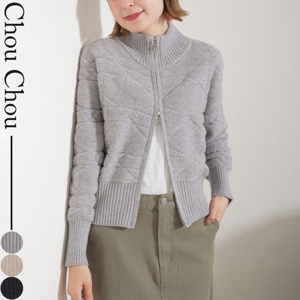 【M〜L】あったかジャガードニットブルゾン｜ダブルジップ・立ち襟｜軽くて暖かい秋冬アウター｜ジャガード柄｜長袖トップス｜14105044