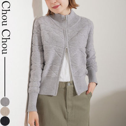 【M〜L】あったかジャガードニットブルゾン｜ダブルジップ・立ち襟｜軽くて暖かい秋冬アウター｜ジャガード柄｜長袖トップス｜14105044