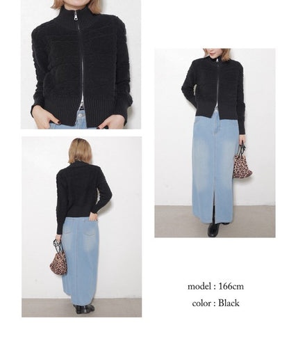 【M〜L】あったかジャガードニットブルゾン｜ダブルジップ・立ち襟｜軽くて暖かい秋冬アウター｜ジャガード柄｜長袖トップス｜14105044