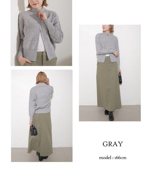 【M〜L】あったかジャガードニットブルゾン｜ダブルジップ・立ち襟｜軽くて暖かい秋冬アウター｜ジャガード柄｜長袖トップス｜14105044