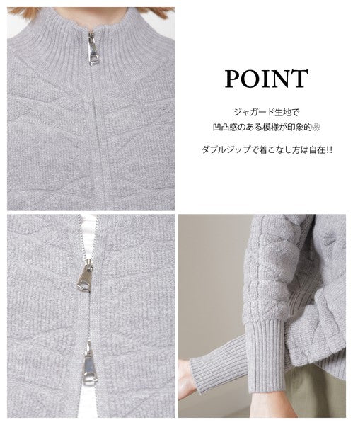 【M〜L】あったかジャガードニットブルゾン｜ダブルジップ・立ち襟｜軽くて暖かい秋冬アウター｜ジャガード柄｜長袖トップス｜14105044