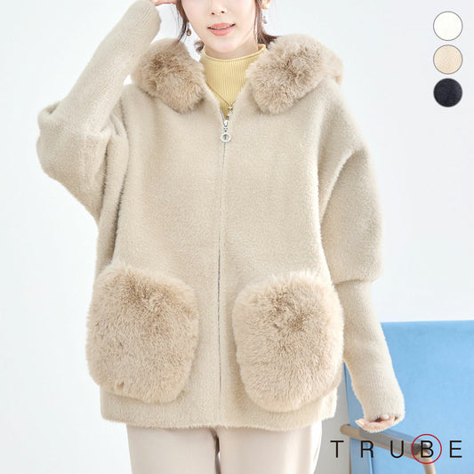 ふわふわファーフードブルゾン M-L｜TRUBE｜大人かわいい冬アウター