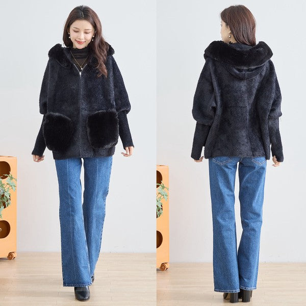 【M〜L】ふわふわポケット付きファーフードブルゾン｜暖かリッチ・大人かわいい・TRUBE・N25-091B