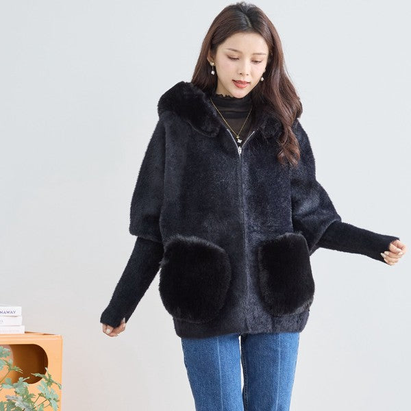 【M〜L】ふわふわポケット付きファーフードブルゾン｜暖かリッチ・大人かわいい・TRUBE・N25-091B