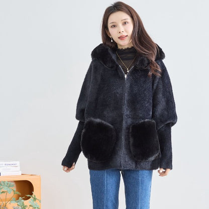 【M〜L】ふわふわポケット付きファーフードブルゾン｜暖かリッチ・大人かわいい・TRUBE・N25-091B