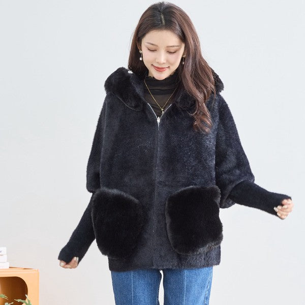 【M〜L】ふわふわポケット付きファーフードブルゾン｜暖かリッチ・大人かわいい・TRUBE・N25-091B