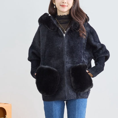 【M〜L】ふわふわポケット付きファーフードブルゾン｜暖かリッチ・大人かわいい・TRUBE・N25-091B