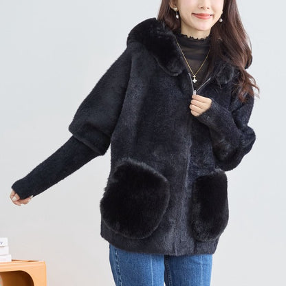 【M〜L】ふわふわポケット付きファーフードブルゾン｜暖かリッチ・大人かわいい・TRUBE・N25-091B