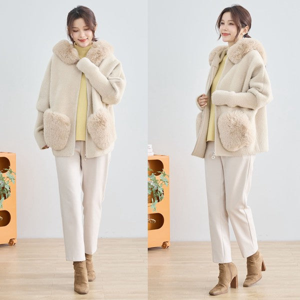 【M〜L】ふわふわポケット付きファーフードブルゾン｜暖かリッチ・大人かわいい・TRUBE・N25-091B