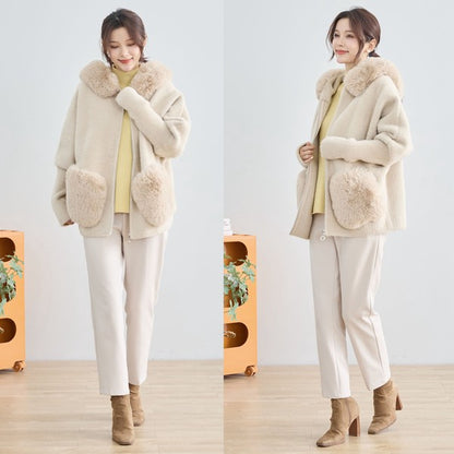 【M〜L】ふわふわポケット付きファーフードブルゾン｜暖かリッチ・大人かわいい・TRUBE・N25-091B