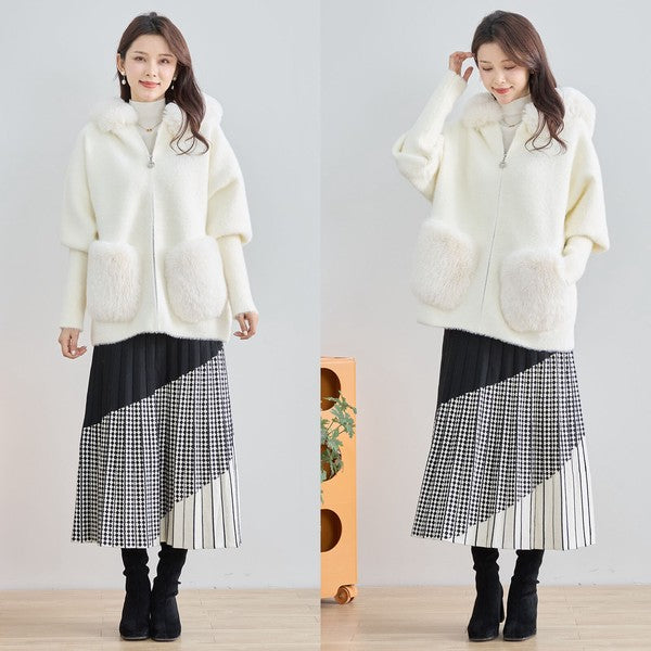 【M〜L】ふわふわポケット付きファーフードブルゾン｜暖かリッチ・大人かわいい・TRUBE・N25-091B