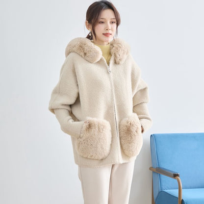 【M〜L】ふわふわポケット付きファーフードブルゾン｜暖かリッチ・大人かわいい・TRUBE・N25-091B