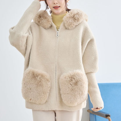 【M〜L】ふわふわポケット付きファーフードブルゾン｜暖かリッチ・大人かわいい・TRUBE・N25-091B