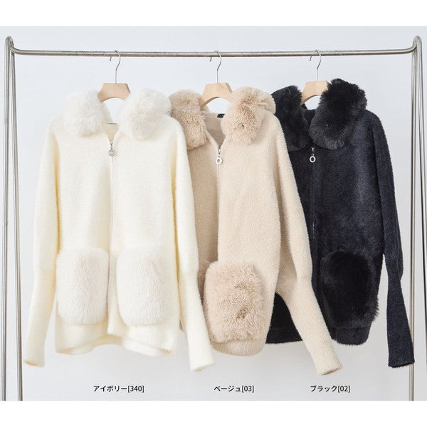【M〜L】ふわふわポケット付きファーフードブルゾン｜暖かリッチ・大人かわいい・TRUBE・N25-091B