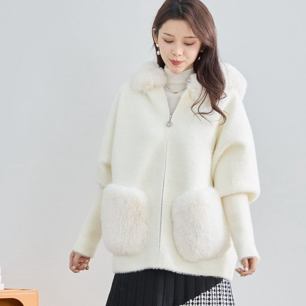 【M〜L】ふわふわポケット付きファーフードブルゾン｜暖かリッチ・大人かわいい・TRUBE・N25-091B