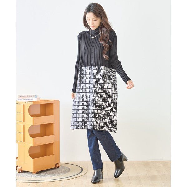【M〜L】立体ジャガード切替ハイネックニットワンピース｜大人上品・体型カバー・TRUBE・N85-077