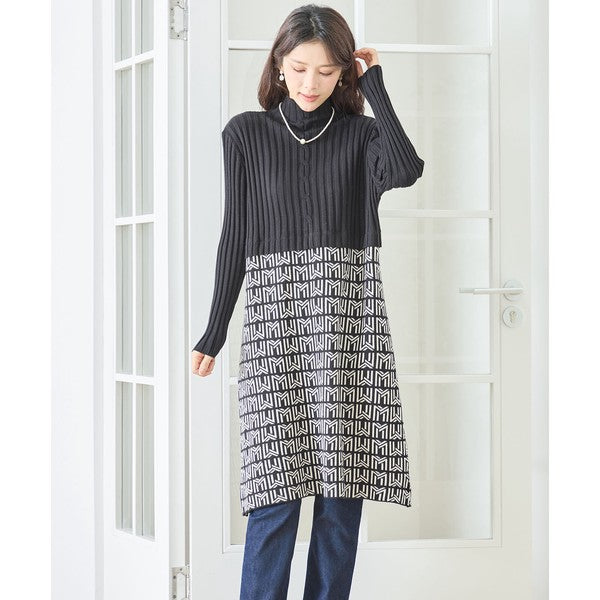 【M〜L】立体ジャガード切替ハイネックニットワンピース｜大人上品・体型カバー・TRUBE・N85-077