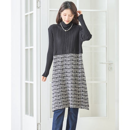 【M〜L】立体ジャガード切替ハイネックニットワンピース｜大人上品・体型カバー・TRUBE・N85-077