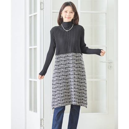 【M〜L】立体ジャガード切替ハイネックニットワンピース｜大人上品・体型カバー・TRUBE・N85-077