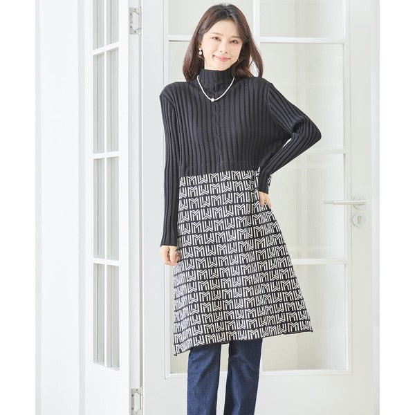 【M〜L】立体ジャガード切替ハイネックニットワンピース｜大人上品・体型カバー・TRUBE・N85-077