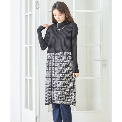 【M〜L】立体ジャガード切替ハイネックニットワンピース｜大人上品・体型カバー・TRUBE・N85-077
