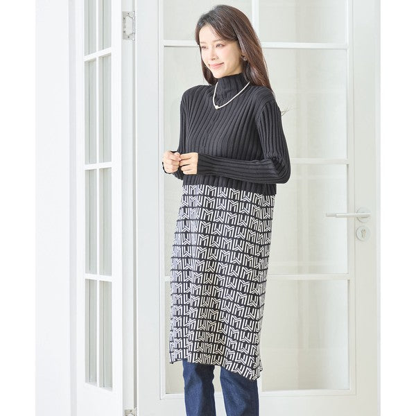 【M〜L】立体ジャガード切替ハイネックニットワンピース｜大人上品・体型カバー・TRUBE・N85-077
