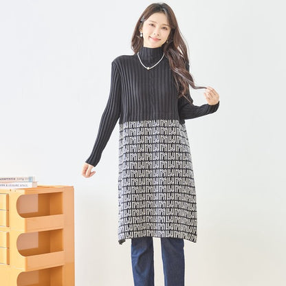 【M〜L】立体ジャガード切替ハイネックニットワンピース｜大人上品・体型カバー・TRUBE・N85-077