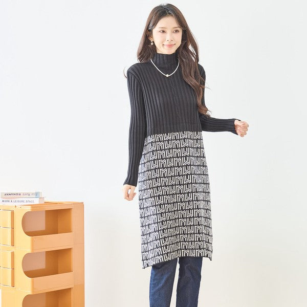 【M〜L】立体ジャガード切替ハイネックニットワンピース｜大人上品・体型カバー・TRUBE・N85-077