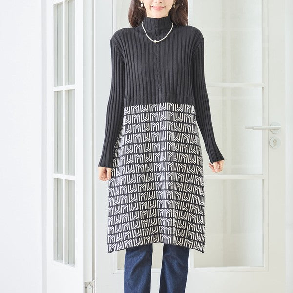 【M〜L】立体ジャガード切替ハイネックニットワンピース｜大人上品・体型カバー・TRUBE・N85-077