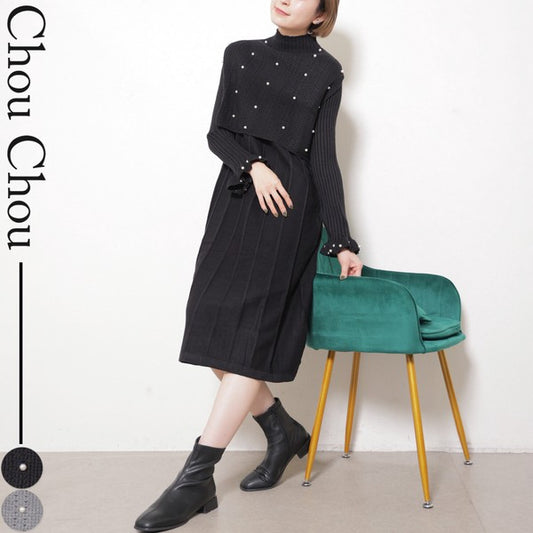 パールベスト付きアンサンブルワンピース全体像 ブラック chouchou