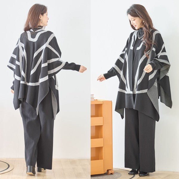 【M〜L】ニットショール×ハイネックニット×ワイドパンツの3点セット｜体型カバー・上品ニットアップ・TRUBE・N62-033
