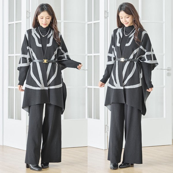 【M〜L】ニットショール×ハイネックニット×ワイドパンツの3点セット｜体型カバー・上品ニットアップ・TRUBE・N62-033