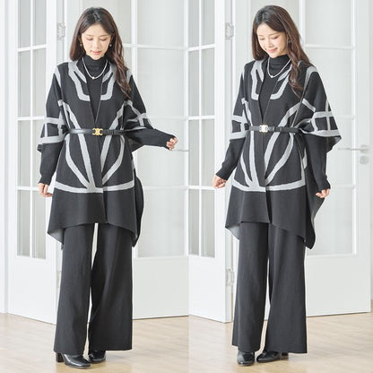 【M〜L】ニットショール×ハイネックニット×ワイドパンツの3点セット｜体型カバー・上品ニットアップ・TRUBE・N62-033