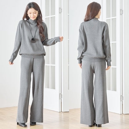 【M〜L】ニットショール×ハイネックニット×ワイドパンツの3点セット｜体型カバー・上品ニットアップ・TRUBE・N62-033