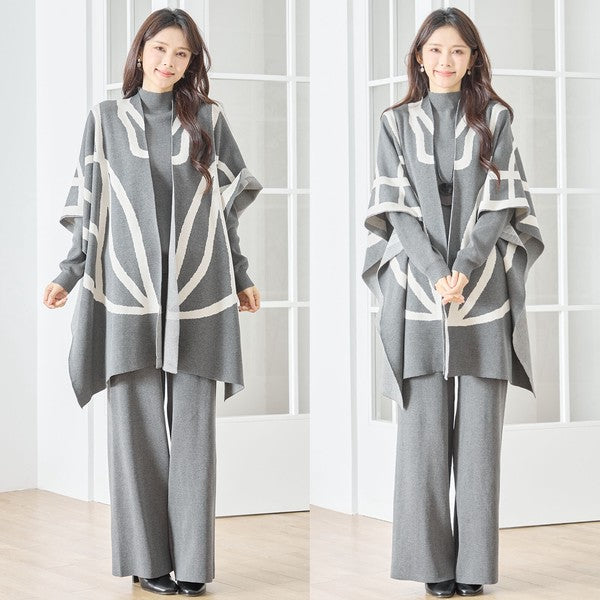 【M〜L】ニットショール×ハイネックニット×ワイドパンツの3点セット｜体型カバー・上品ニットアップ・TRUBE・N62-033