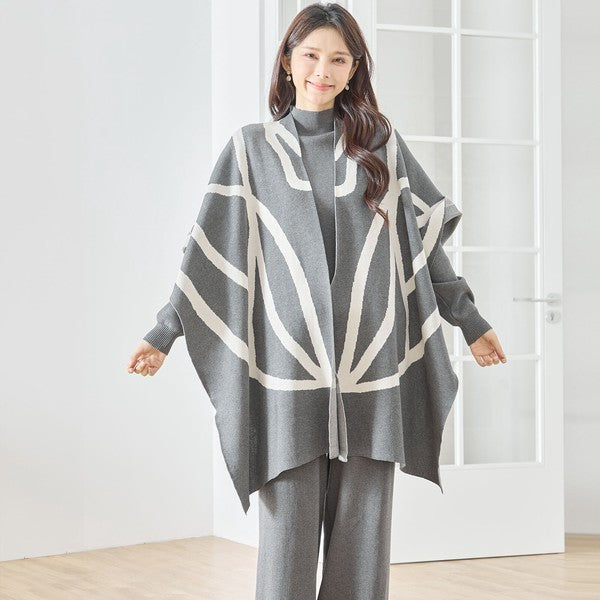 【M〜L】ニットショール×ハイネックニット×ワイドパンツの3点セット｜体型カバー・上品ニットアップ・TRUBE・N62-033