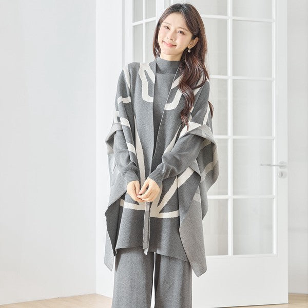 【M〜L】ニットショール×ハイネックニット×ワイドパンツの3点セット｜体型カバー・上品ニットアップ・TRUBE・N62-033