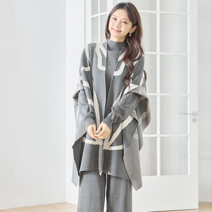 【M〜L】ニットショール×ハイネックニット×ワイドパンツの3点セット｜体型カバー・上品ニットアップ・TRUBE・N62-033