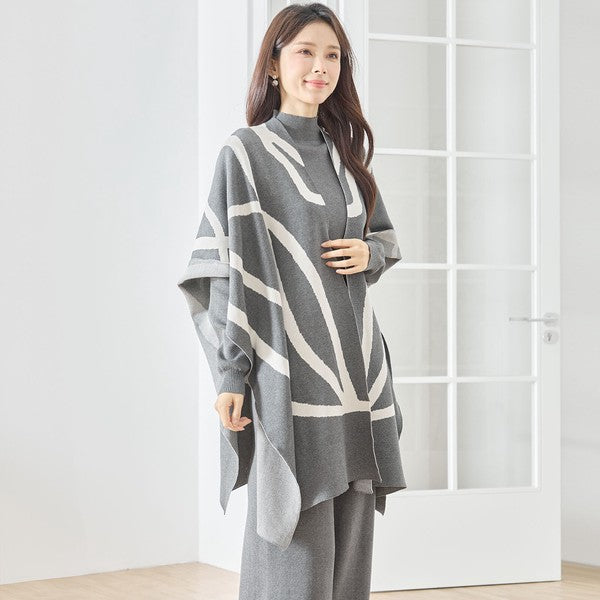 【M〜L】ニットショール×ハイネックニット×ワイドパンツの3点セット｜体型カバー・上品ニットアップ・TRUBE・N62-033