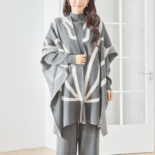 【M〜L】ニットショール×ハイネックニット×ワイドパンツの3点セット｜体型カバー・上品ニットアップ・TRUBE・N62-033