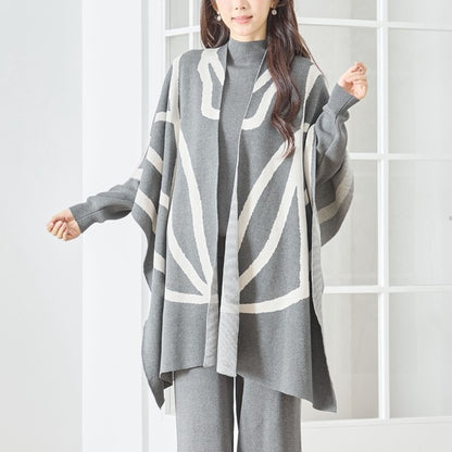 【M〜L】ニットショール×ハイネックニット×ワイドパンツの3点セット｜体型カバー・上品ニットアップ・TRUBE・N62-033