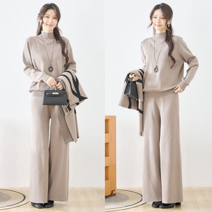 【M〜L】ニットショール×ハイネックニット×ワイドパンツの3点セット｜体型カバー・上品ニットアップ・TRUBE・N62-033