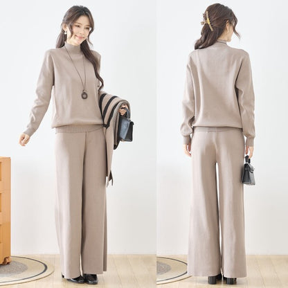 【M〜L】ニットショール×ハイネックニット×ワイドパンツの3点セット｜体型カバー・上品ニットアップ・TRUBE・N62-033