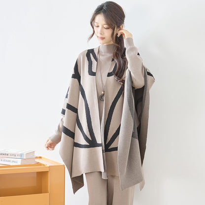 【M〜L】ニットショール×ハイネックニット×ワイドパンツの3点セット｜体型カバー・上品ニットアップ・TRUBE・N62-033