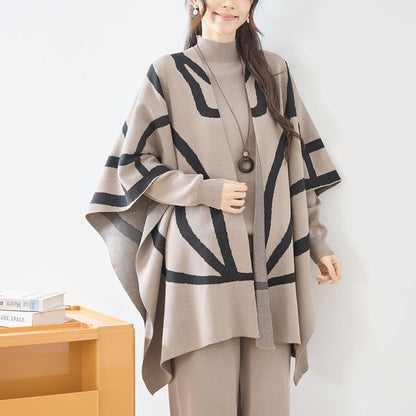 【M〜L】ニットショール×ハイネックニット×ワイドパンツの3点セット｜体型カバー・上品ニットアップ・TRUBE・N62-033